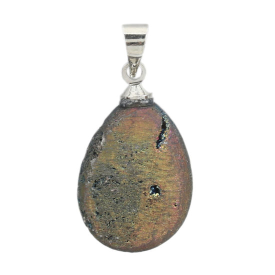 Picture of (Grade A) Agate ( Natural ) Druzy/ Drusy Charms Drop Silver Tone Multicolor AB Color 27mm x 13mm, 1 Piece
