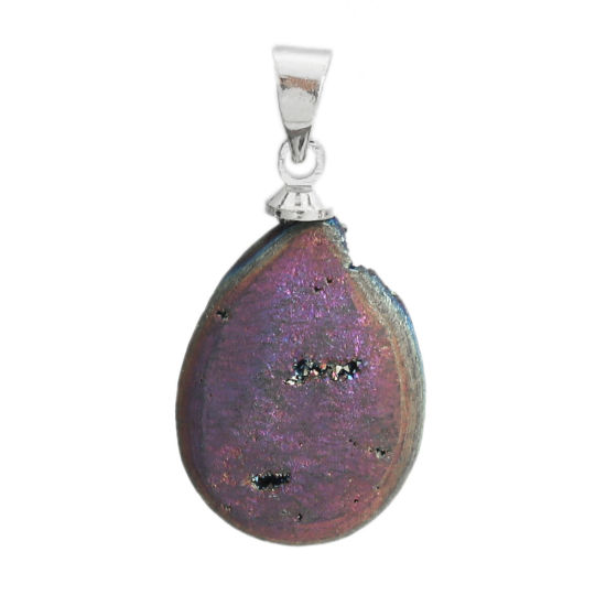 Picture of (Grade A) Agate ( Natural ) Druzy/ Drusy Charms Drop Silver Tone Multicolor AB Color 27mm x 13mm, 1 Piece