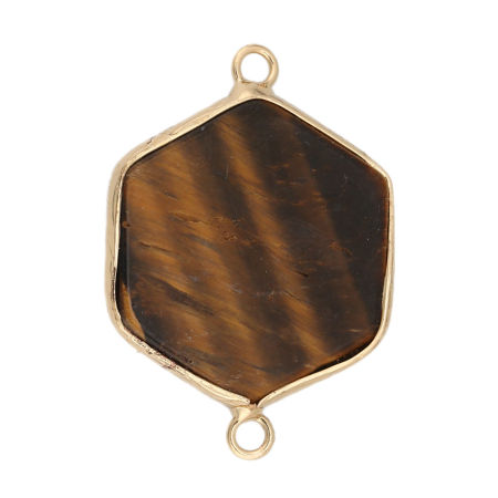 Imagen de (Grado A) Natural Ojos del tigre Conectores Hexágono Chapado en Oro Marrón 3.5cm x 2.5cm, 1 Unidad