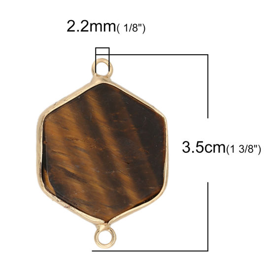 Picture of (Grade A) Tiger's Eyes ( Natural ) Connectors Hexagon Gold Plated Brown 3.5cm x 2.5cm, 1 Piece