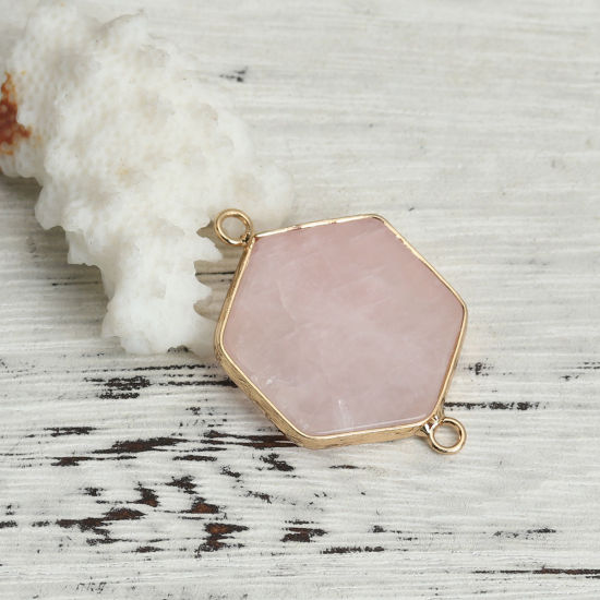 Picture of (Grade A) Rose Quartz ( Natural ) Connectors Hexagon Gold Plated Light Pink 3.5cm x 2.5cm, 1 Piece