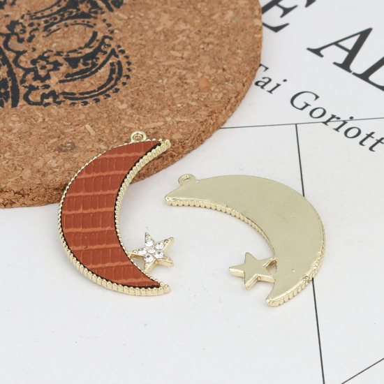 Imagen de Colgantes Galaxia Aleación del cinc+PU de Luna Media , Chapado en Oro y Cocodrilo Impresión Transparente Rhinestone 3.9cm x 2.3cm, 5 Unidades