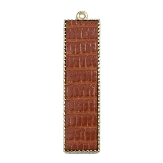 Picture of Zinc Based Alloy & PU Pendants Rectangle Gold Plated Brown Crocodile Print 4.3cm x 1.1cm, 5 PCs