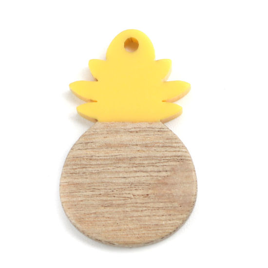 Picture of Natural Wood Effect Resin Charms Pineapple/ Ananas Fruit Yellow 27mm x 18mm, 5 PCs