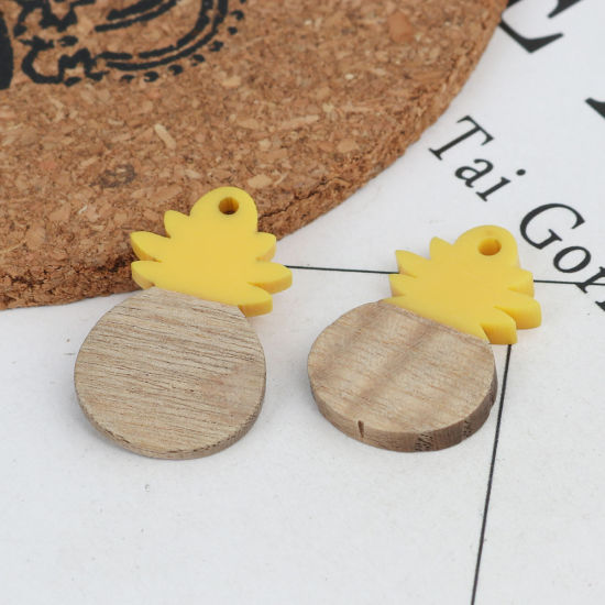 Picture of Natural Wood Effect Resin Charms Pineapple/ Ananas Fruit Yellow 27mm x 18mm, 5 PCs