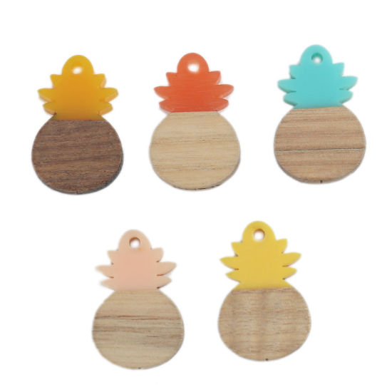 Picture of Natural Wood Effect Resin Charms Pineapple/ Ananas Fruit Yellow 27mm x 18mm, 5 PCs