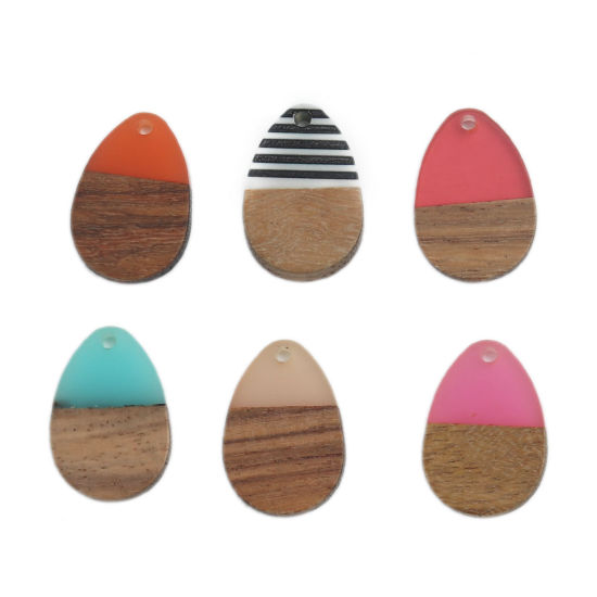 Imagen de Resina de Efecto Madera Colgantes Charms Gota Fucsia 25mm x 17mm, 5 Unidades