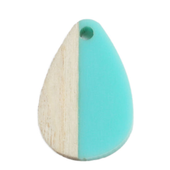 Picture of Wood Effect Resin Charms Drop Green Blue 22mm x 15mm, 5 PCs
