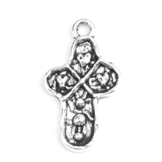 Picture of Zinc Based Alloy Charms Cross Antique Silver Color Heart 21mm x 12mm, 100 PCs