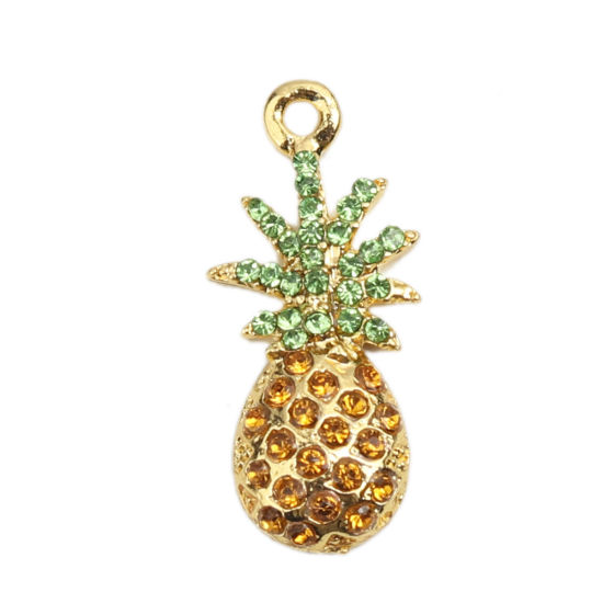 Immagine di Lega di Zinco Charms Ananas Oro Placcato Multicolore Strass Micro Spianare 26mm x 12mm , 2 Pz