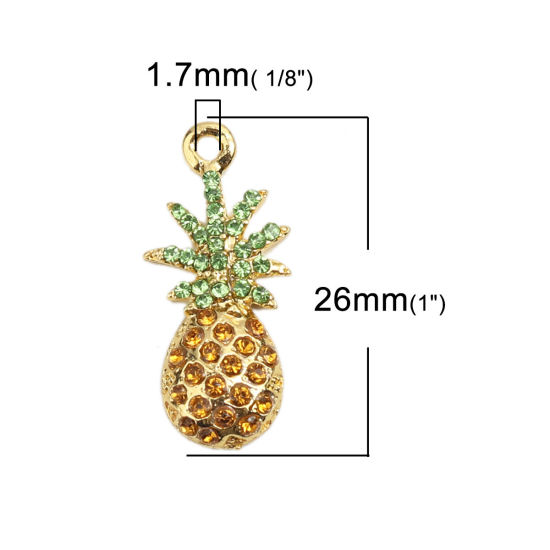 Immagine di Lega di Zinco Charms Ananas Oro Placcato Multicolore Strass Micro Spianare 26mm x 12mm , 2 Pz