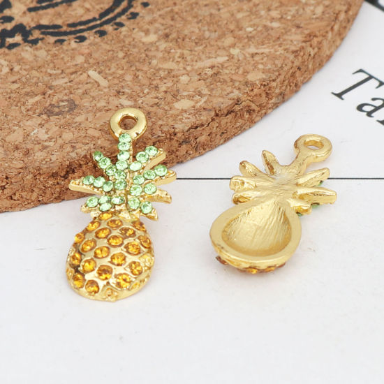 Immagine di Lega di Zinco Charms Ananas Oro Placcato Multicolore Strass Micro Spianare 26mm x 12mm , 2 Pz