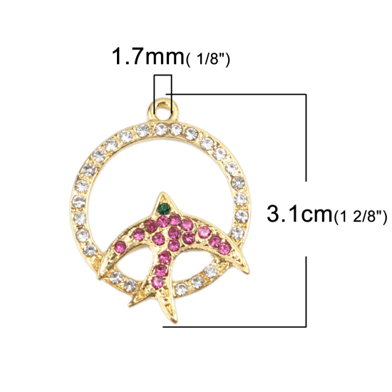 Imagen de Zamak Colgantes Ronda Chapado en Oro Paloma Multicolor Rhinestone Micro Pave 3.1cm x 2.4cm, 2 Unidades