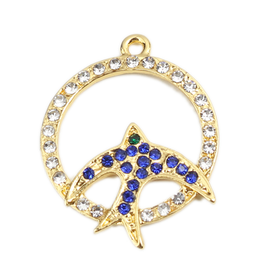 Picture of Zinc Based Alloy Religious Pendants Round Gold Plated Pigeon Micro Pave Multicolor Rhinestone 3.1cm x 2.4cm, 2 PCs