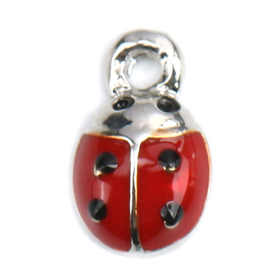 Picture of Zinc Based Alloy Charms Ladybug Animal Silver Tone Black & Red Enamel 9mm x 5mm, 10 PCs