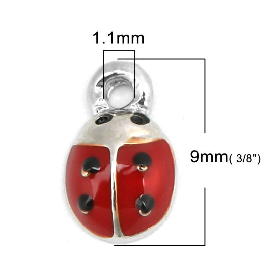 Picture of Zinc Based Alloy Charms Ladybug Animal Silver Tone Black & Red Enamel 9mm x 5mm, 10 PCs