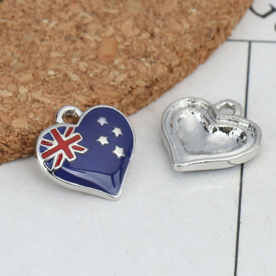 Imagen de Zamak Colgantes Charms Corazón Tono de Plata Azul Oscuro Bandera de nueva zelanda Esmalte 14mm x 13mm, 5 Unidades