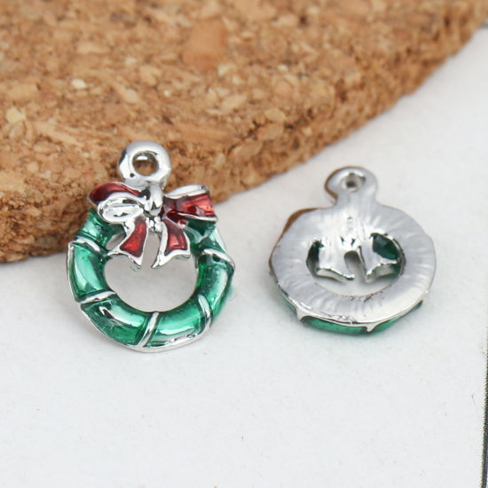 Picture of Zinc Based Alloy Charms Christmas Wreath Silver Tone Red & Green Enamel 12mm x 9mm, 5 PCs