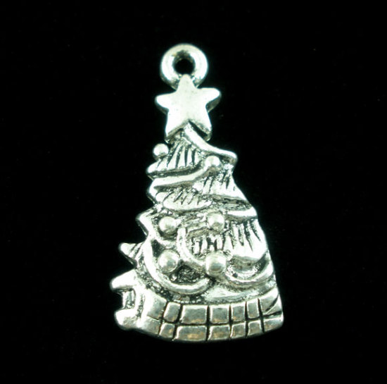 Picture of 20PCs Antique Silver Color Christmas Tree Pendants 25x14mm