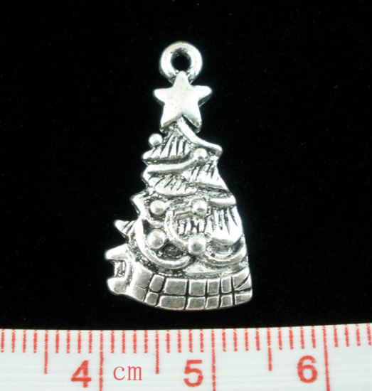 Picture of 20PCs Antique Silver Color Christmas Tree Pendants 25x14mm