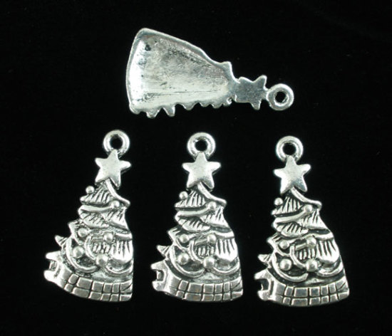 Picture of 20PCs Antique Silver Color Christmas Tree Pendants 25x14mm