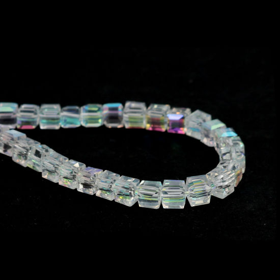 Picture of Glass Beads Cube Multicolor Transparent Plating Faceted About 4mm x 4mm, 45cm(17 6/8") long, 1 Strand (Approx 101 PCs/Strand)