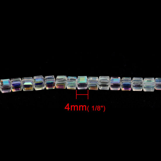 Picture of Glass Beads Cube Multicolor Transparent Plating Faceted About 4mm x 4mm, 45cm(17 6/8") long, 1 Strand (Approx 101 PCs/Strand)