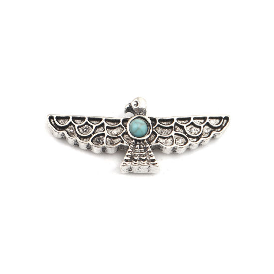 Imagen de Zamak Cuentas Pájaro Plata Antigua Verde Con Resina Cabochons Imitación Turquesa Aprox 37mm x 15mm, Agujero: Aprox 2.4mm, 5 Unidades