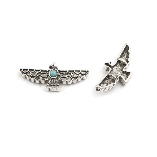 Imagen de Zamak Cuentas Pájaro Plata Antigua Verde Con Resina Cabochons Imitación Turquesa Aprox 37mm x 15mm, Agujero: Aprox 2.4mm, 5 Unidades