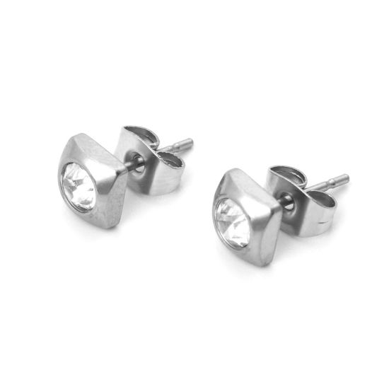 Picture of 304 Stainless Steel Ear Post Stud Earrings Silver Tone Square Clear Cubic Zirconia 6mm x 6mm, Post/ Wire Size: (21 gauge), 1 Pair