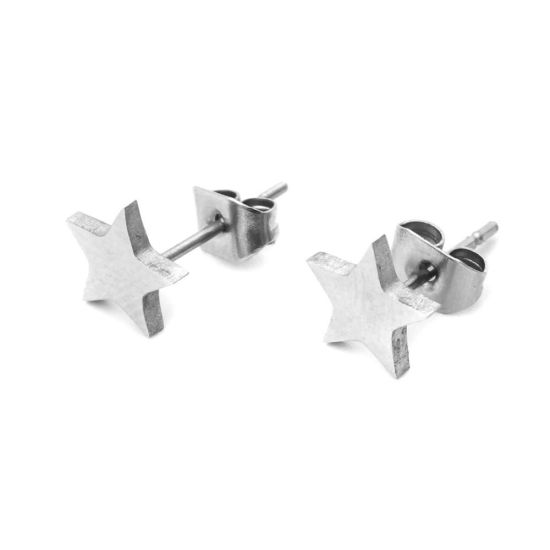 Picture of 304 Stainless Steel Ear Post Stud Earrings Silver Tone Half Moon Star 8mm x 5mm - 6mm x 6mm, Post/ Wire Size: (21 gauge), 1 Pair