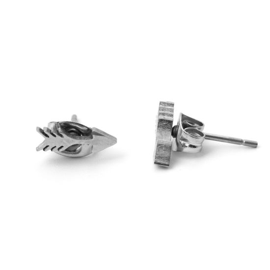 Picture of 304 Stainless Steel Ear Post Stud Earrings Silver Tone Arrow 10mm x 3mm, Post/ Wire Size: (21 gauge), 1 Pair