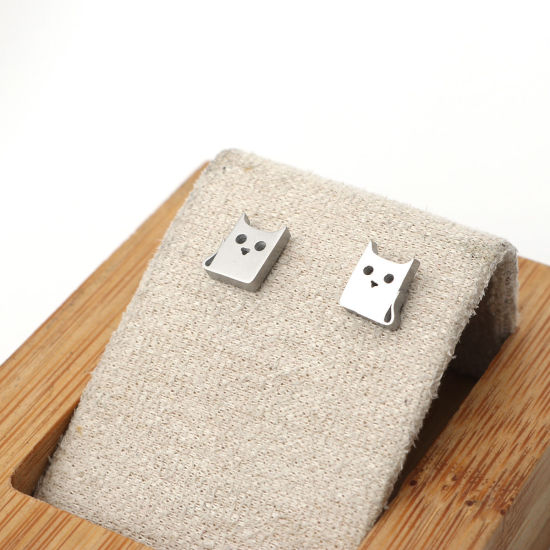 Picture of 304 Stainless Steel Ear Post Stud Earrings Silver Tone Cat Animal 8mm x 7mm, Post/ Wire Size: (21 gauge), 1 Pair