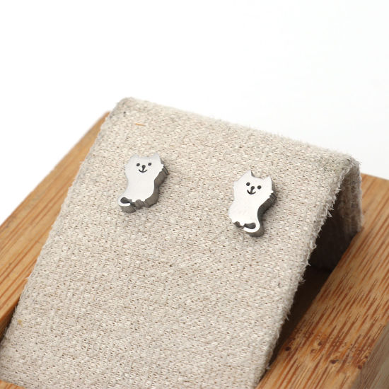 Picture of 304 Stainless Steel Ear Post Stud Earrings Silver Tone Cat Animal 8mm x 6mm, Post/ Wire Size: (21 gauge), 1 Pair