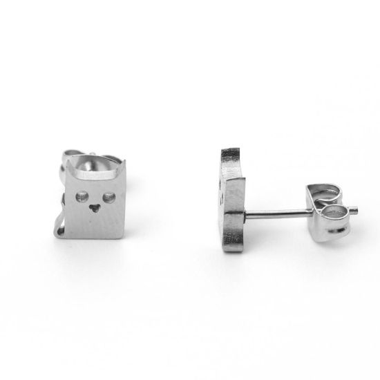 Picture of 304 Stainless Steel Ear Post Stud Earrings Silver Tone Dog Animal 8mm x 6mm, Post/ Wire Size: (21 gauge), 1 Pair
