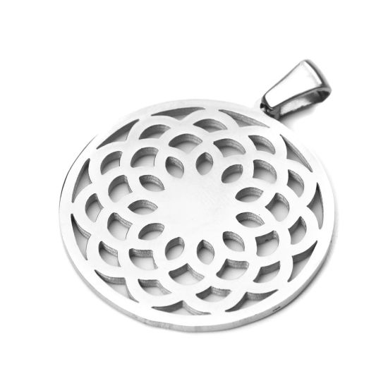 Picture of 304 Stainless Steel Pendants Round Silver Tone Filigree 3.6cm x 2.8cm, 1 Piece
