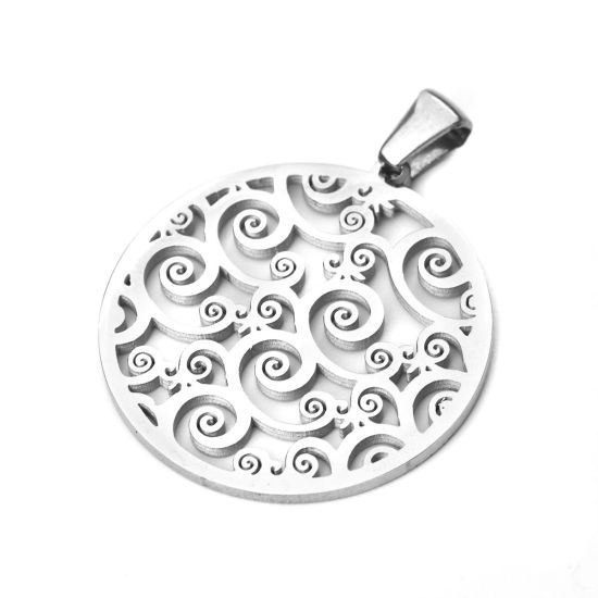 Picture of 304 Stainless Steel Pendants Round Silver Tone Filigree 3.6cm x 2.8cm, 1 Piece