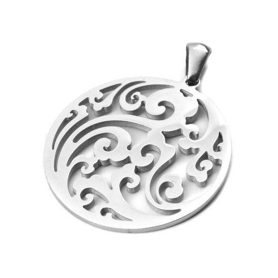 Picture of 304 Stainless Steel Pendants Round Silver Tone Auspicious clouds Hollow 3.6cm x 2.8cm, 1 Piece