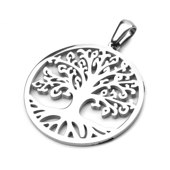 Picture of 304 Stainless Steel Pendants Round Silver Tone Tree Hollow 3.6cm x 2.8cm, 1 Piece