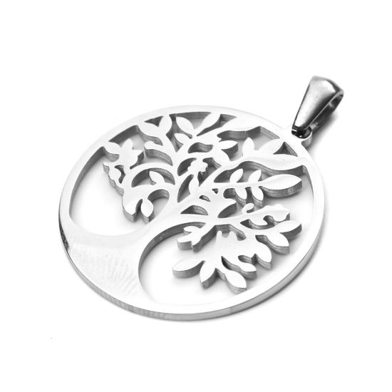 Picture of 304 Stainless Steel Pendants Round Silver Tone Tree Hollow 3.6cm x 2.8cm, 1 Piece