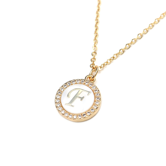 Picture of Stainless Steel & Shell Necklace Gold Plated Round Initial Alphabet/ Capital Letter Message " F " Clear Cubic Zirconia 45cm(17 6/8") long, 1 Piece