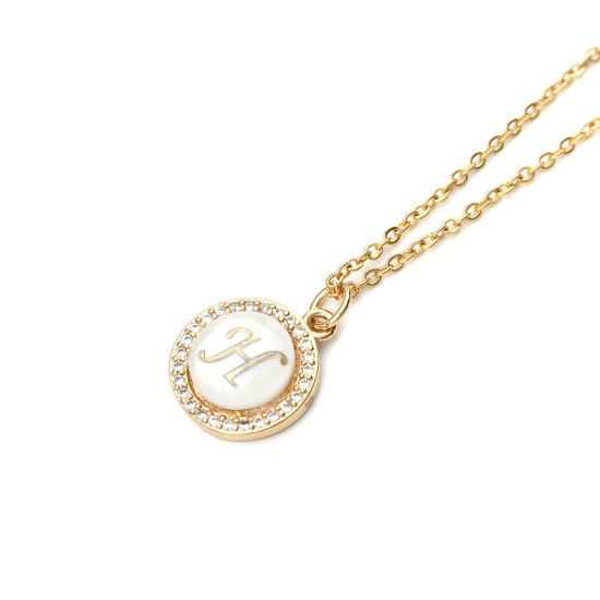 Picture of Stainless Steel & Shell Necklace Gold Plated Round Initial Alphabet/ Capital Letter Message " H " Clear Cubic Zirconia 45cm(17 6/8") long, 1 Piece