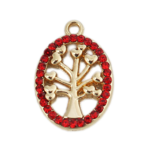 Picture of Zinc Based Alloy Charms Oval Gold Plated Tree Micro Pave Red Rhinestone 19mm x 13mm, 5 PCs