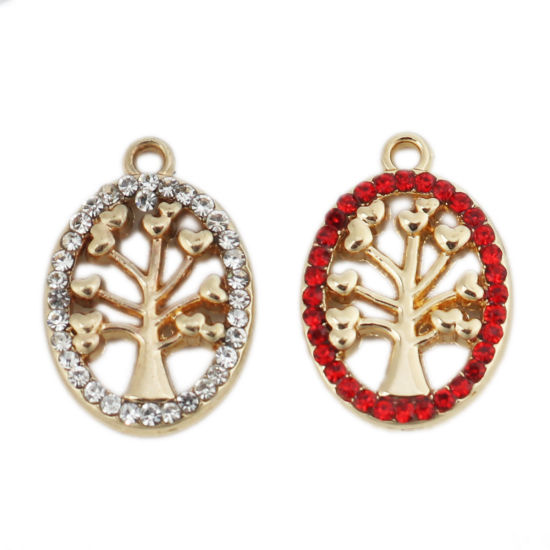 Picture of Zinc Based Alloy Charms Oval Gold Plated Tree Micro Pave Red Rhinestone 19mm x 13mm, 5 PCs