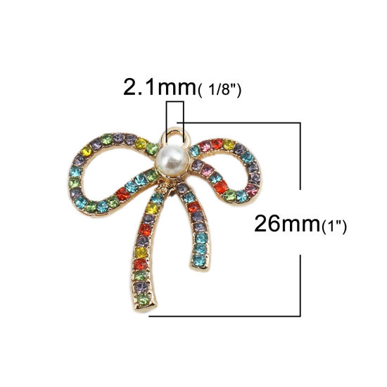 Imagen de Zamak Colgantes Charms Bowknot Chapado en Oro Multicolor Rhinestone Acrílico Imitación de Perla 26mm x 26mm, 2 Unidades