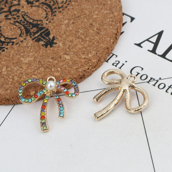 Imagen de Zamak Colgantes Charms Bowknot Chapado en Oro Multicolor Rhinestone Acrílico Imitación de Perla 26mm x 26mm, 2 Unidades