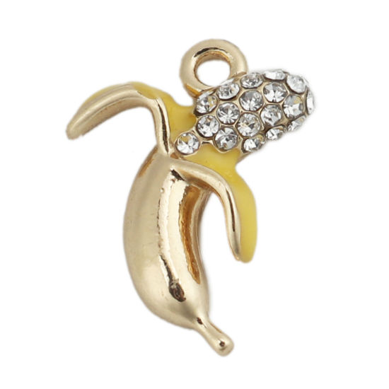 Immagine di Lega di Zinco Charms Banana Oro Placcato Giallo Trasparente Strass Smalto 21mm x 15mm , 5 Pz