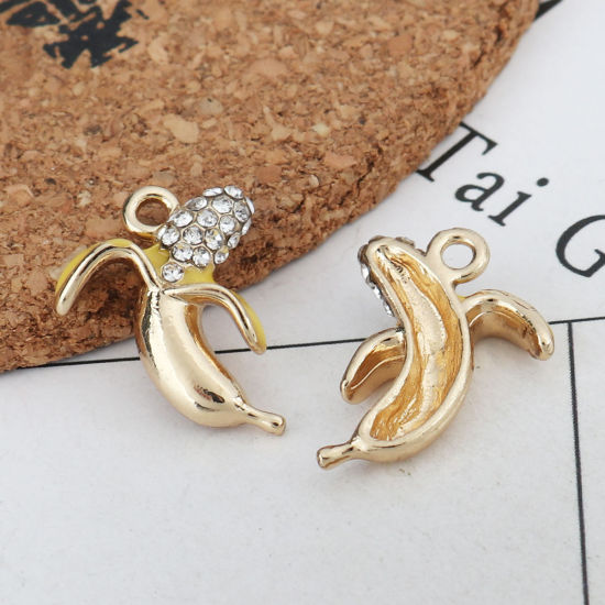 Immagine di Lega di Zinco Charms Banana Oro Placcato Giallo Trasparente Strass Smalto 21mm x 15mm , 5 Pz