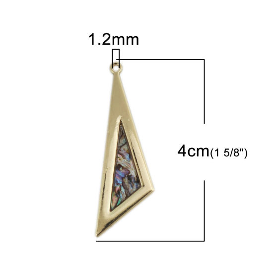 Picture of Natural Abalone Shell Pendants Gold Plated Triangle Multicolor Crack 4cm x 1.2cm, 2 PCs