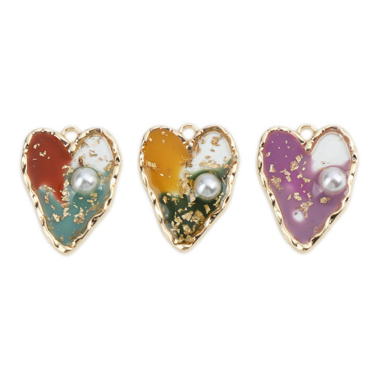 Imagen de Zamak Colgantes Charms Corazón Chapado en Oro Multicolor Esmalte 26mm x 20mm, 5 Unidades